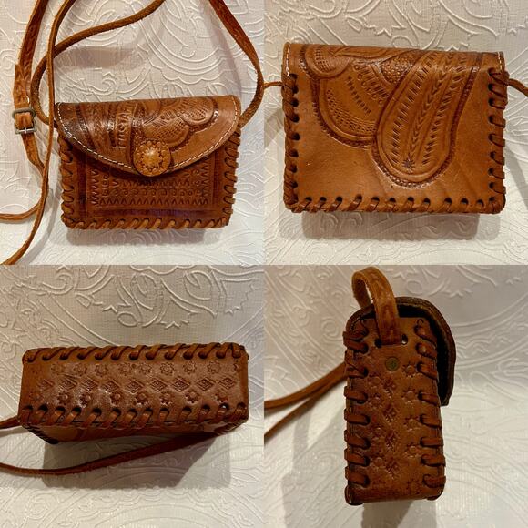 Handmade Brown Tooled Leather Purse Handbag Set Costa Rica Pura Vida - Picture 2 of 8